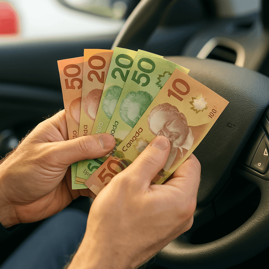 Two adult hands inside a car holding a some Canadian banknotes.