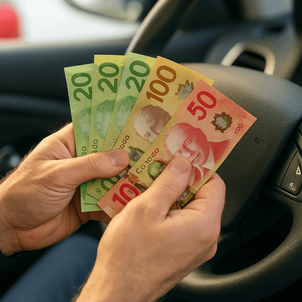Two hands fanning out Canadian currency inside a vehicle, showing clearly colored bills against a car’s steering wheel.